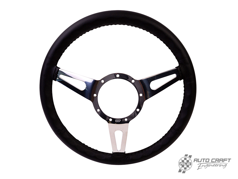 3-slot black leather steering wheel, 380mm, 9 bolt - Various aircooled