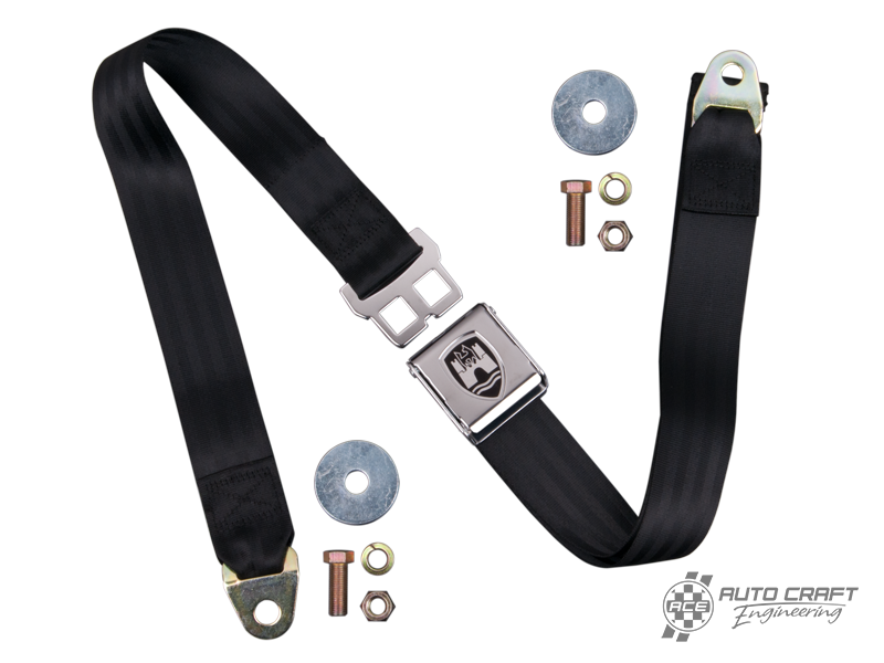 2-Point lap seat belt, black with chrome buckle