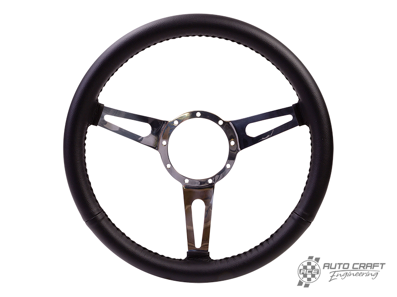 3-slot black leather steering wheel, 380mm, 9 bolt - Various aircooled