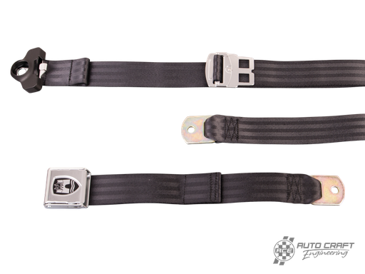 [111-857-705/ABK] 3-Point non retractable seat belt, black with chrome buckle.