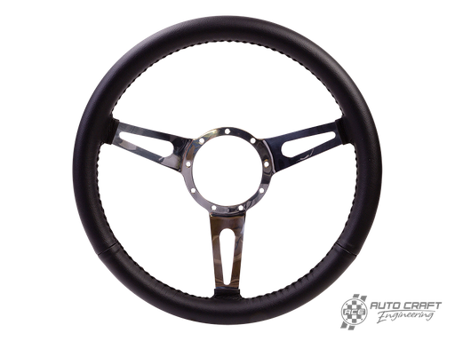 [111-400-108] 3-slot black leather steering wheel, 380mm, 9 bolt - Various aircooled